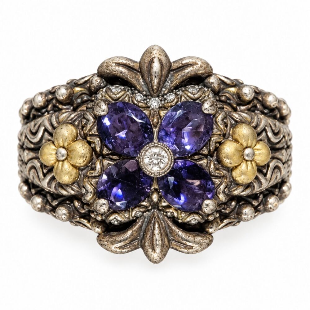 Barbara Bixby Floral Iolite Ring Sterling Silver 18K Gold - Size 6
